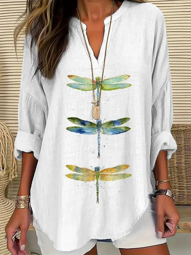 European And American Women's Clothing Small V Stand Collar Button Drop-shoulder Long-sleeve Women's T Curved Hem Clothes