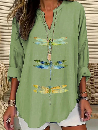 European And American Women's Clothing Small V Stand Collar Button Drop-shoulder Long-sleeve Women's T Curved Hem Clothes